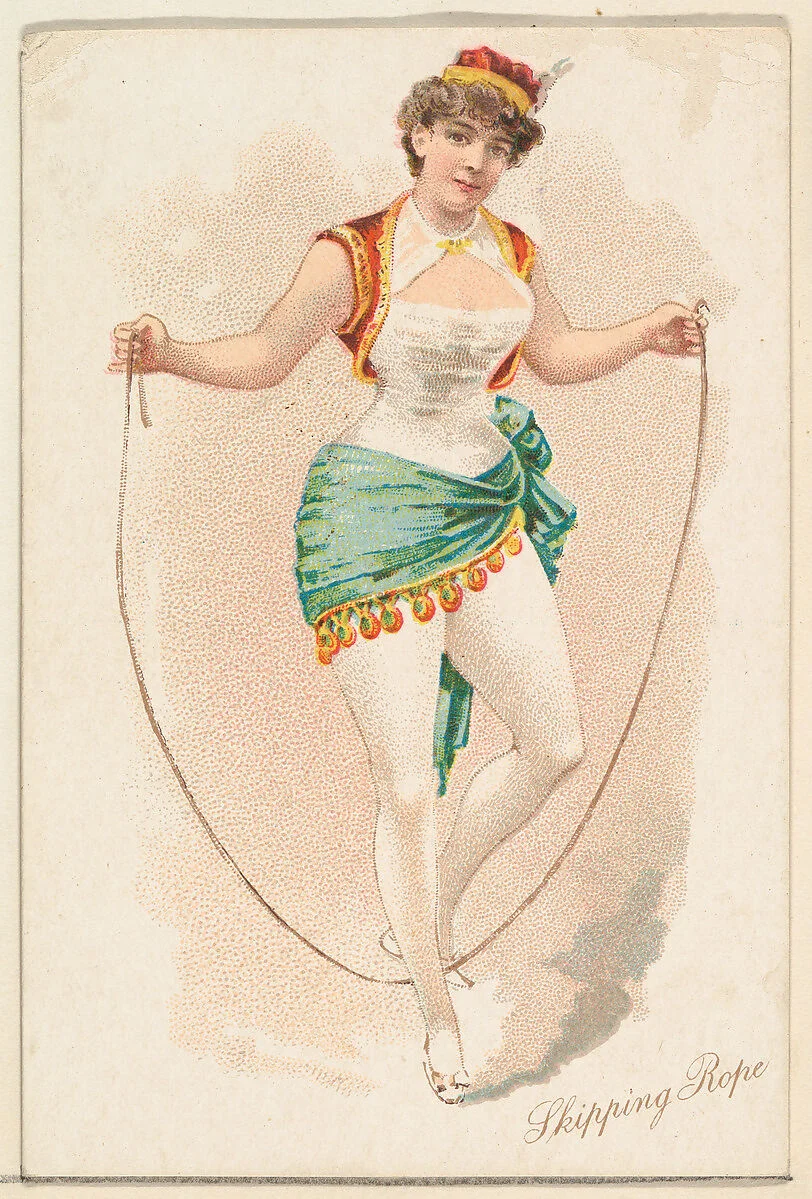 An 1889 illustrated tobacco trade card depicting a woman with a personal skipping rope