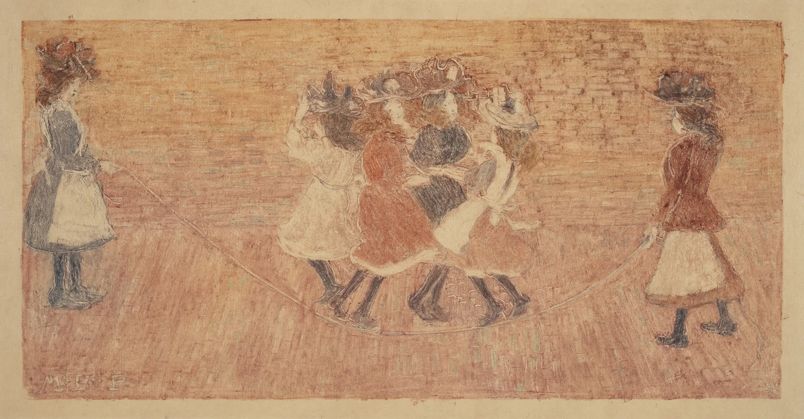 Several children jumping together between two turners in Maurice Prendergast’s late nineteenth-century Skipping Rope
