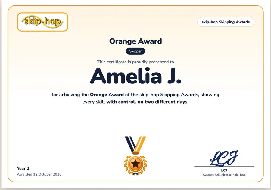 A skip-hop Skipping Awards certificate ready to print