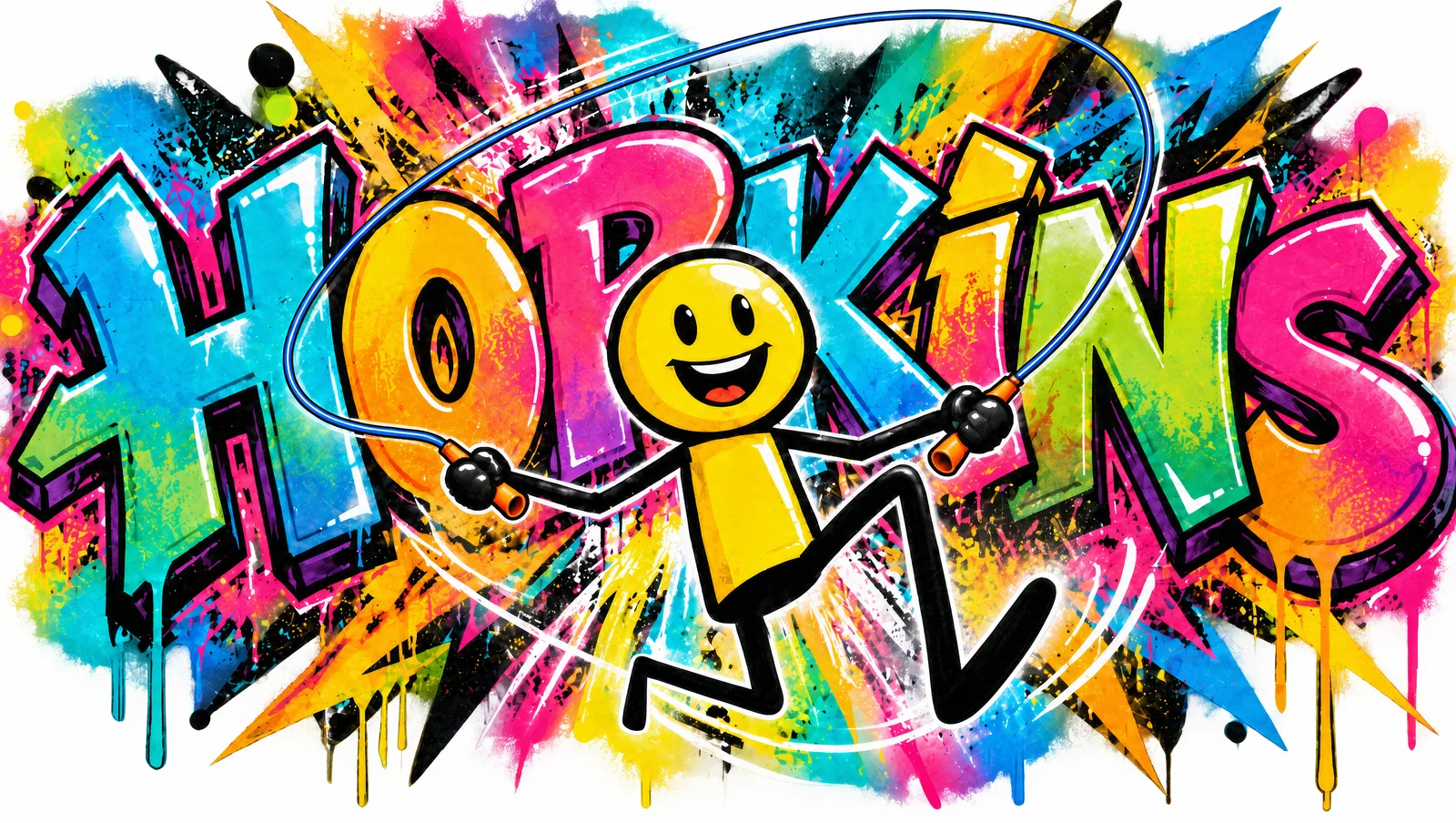 HOPKINS sprayed in big graffiti letters, with Hoppy skipping through the middle of them