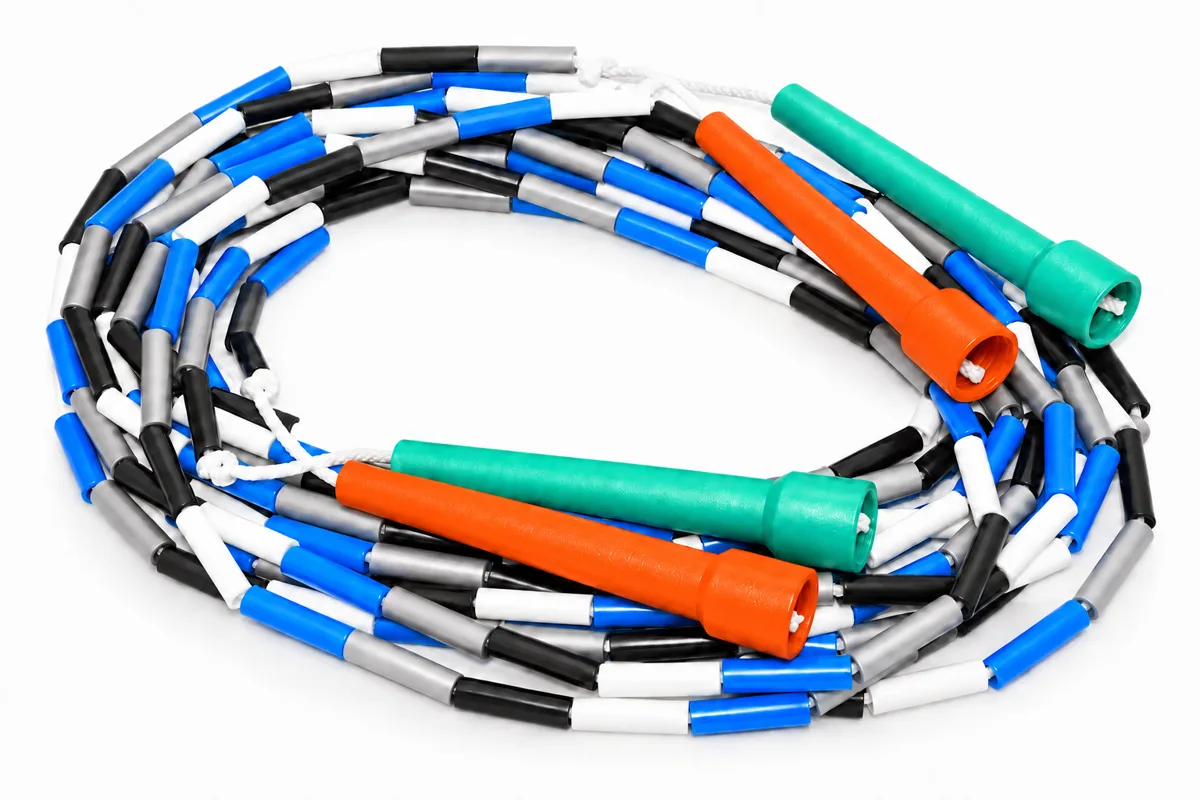A pair of skip-hop 4.5 m beaded double dutch ropes, blue, white, grey and black beads with orange and teal handles
