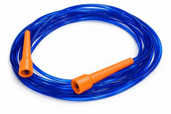 A skip-hop 7.5 m long rope, clear blue with orange handles