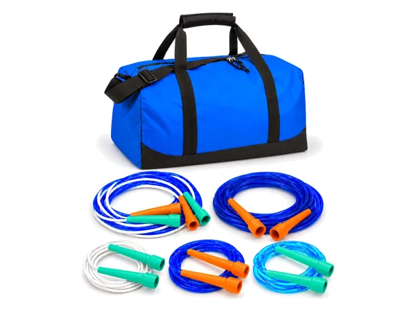 The skip-hop primary school skipping rope set: a blue kit bag with class ropes, long ropes and double dutch ropes