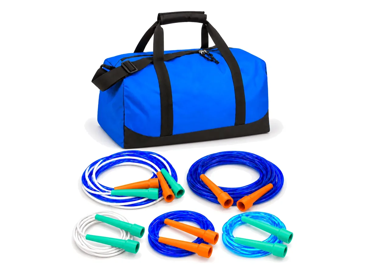 The skip-hop playground skipping set: speed ropes, Double Dutch ropes and a long rope with the blue duffel kit bag