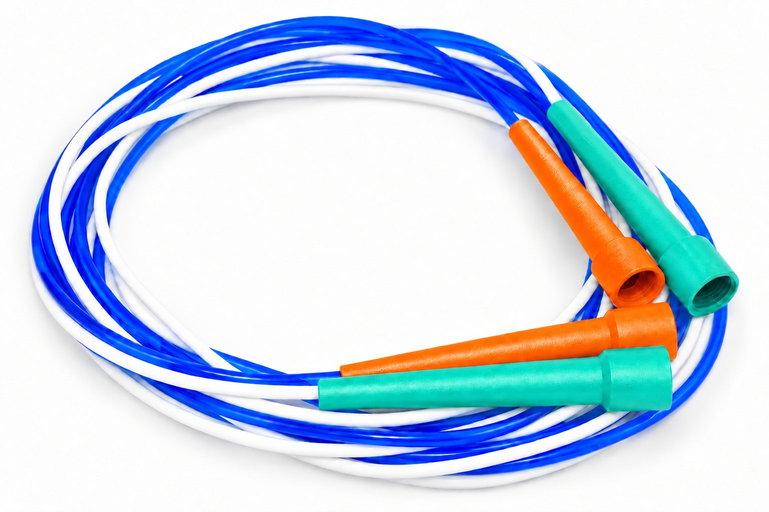 skip-hop 4.5m speed double dutch skipping ropes: a pair of blue and white ropes with orange and teal handles