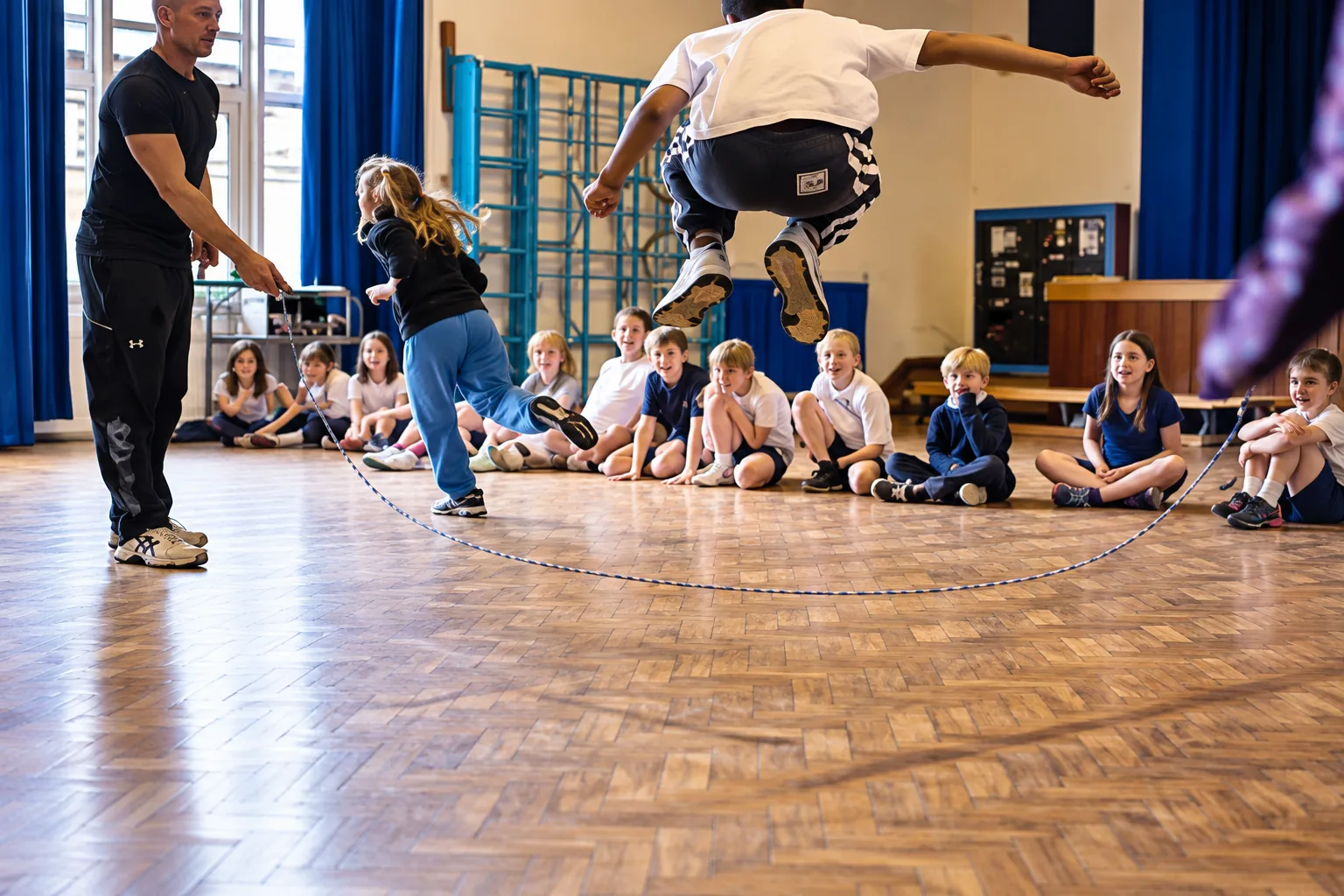 A skipping club in a school hall: children skipping with their own ropes